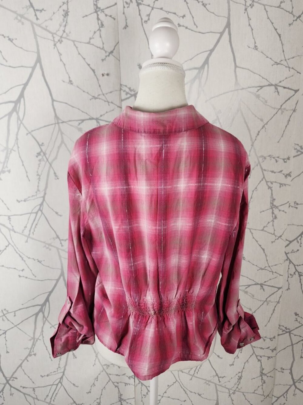 Style & Co Pink Plaid Metallic Cotton Pearl Snap Western Blouse - Picture 4 of 5